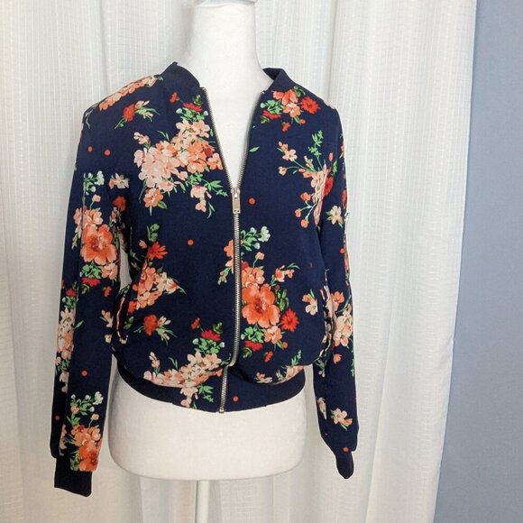 Love Tree Bomber Jacket, Navy with Floral Design, Size S, Lightweight - Picture 1 of 8